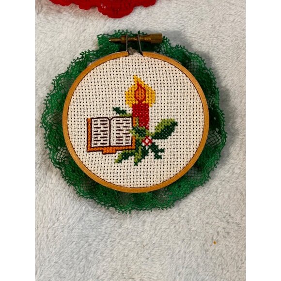 7 Christmas-Themed Cross Stitch Ornaments Lace Trim & Hanging Ribbons Handmade - Picture 3 of 16